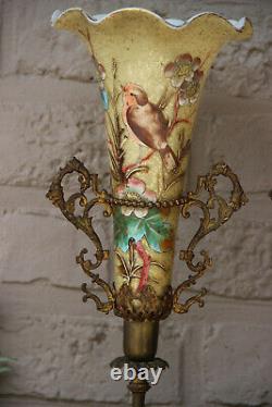 Rare top Antique French art nouveau pair glass enamel hand paint bird vase