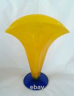 Richard Blenko hand blown art glass yellow vase 12.5 inches