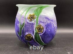 Robert Eickholt Art Glass Vase Anemone Flowers Iridescent 6.5 Signed Purple