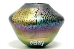 Robert Eickholt Iridescent Foil Over Cobalt Blue Art Glass Vase Signed 1988