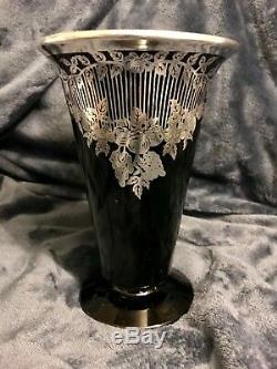 Rockwell Art Deco Silver Overlay Black Amethyst Glass Vase Foliage Scrolls 8