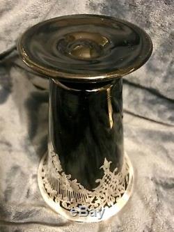 Rockwell Art Deco Silver Overlay Black Amethyst Glass Vase Foliage Scrolls 8
