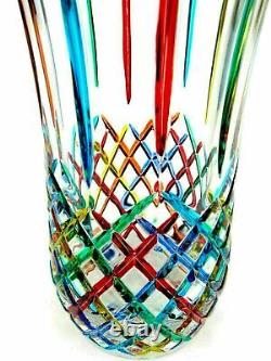 SIGNED HUGE 30cm Murano Art Glass Dazzling Colors Mazzega Studio Vase with Box