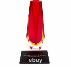 SIGNED Murano Mandruzzato Submerged Art Glass Red Amber Block Vase 19.5cm