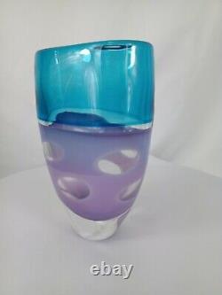STUART AKROYD Contemporary Glass Hand Blown Blue and Purple Oval Vase