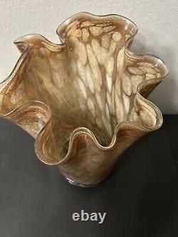 STUNNING Polish Iridescent Art Glass Gold Tan Handkerchief Vase With Spun Ribbon
