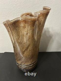 STUNNING Polish Iridescent Art Glass Gold Tan Handkerchief Vase With Spun Ribbon
