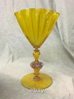 Salviati Murano Venetian Art Glass 10-1/2 Footed Fan Vase, Grapes & Gold Fleck