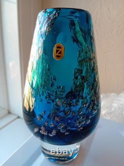 Schott Zwiesel 7 inch tall Glass Vase Blue with Bubbles 1970s Vintage Good Condi