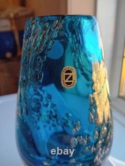 Schott Zwiesel 7 inch tall Glass Vase Blue with Bubbles 1970s Vintage Good Condi