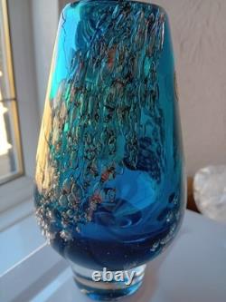 Schott Zwiesel 7 inch tall Glass Vase Blue with Bubbles 1970s Vintage Good Condi