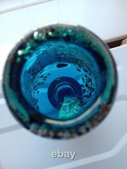 Schott Zwiesel 7 inch tall Glass Vase Blue with Bubbles 1970s Vintage Good Condi