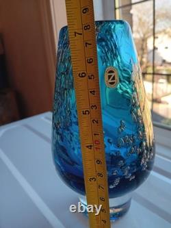 Schott Zwiesel 7 inch tall Glass Vase Blue with Bubbles 1970s Vintage Good Condi