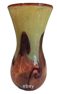 Scottish Borders Peter Holmes Signed Art Glass Vase Brown Swirls On Yellow