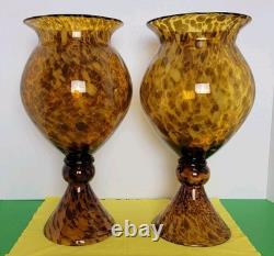 Set Of 2 Large 14.75 Hand-Blown Brown Mottled Tortoise Shell Glass Vases