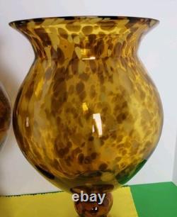 Set Of 2 Large 14.75 Hand-Blown Brown Mottled Tortoise Shell Glass Vases