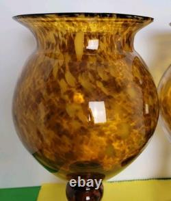 Set Of 2 Large 14.75 Hand-Blown Brown Mottled Tortoise Shell Glass Vases