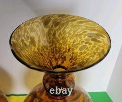 Set Of 2 Large 14.75 Hand-Blown Brown Mottled Tortoise Shell Glass Vases