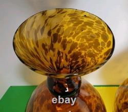 Set Of 2 Large 14.75 Hand-Blown Brown Mottled Tortoise Shell Glass Vases