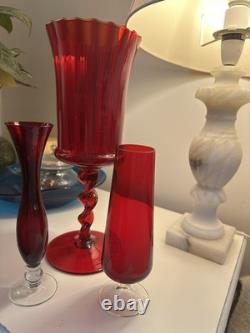 Set of 3 Mid-Century Bohemian Ruby Red Glass Vases Set of 3 Mid-Century Bohemian Ruby Red Glass Vases