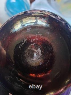Siddy Langley 2001 Studio Art Glass Long Neck Vase Blue White Iridescent Signed