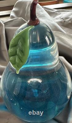 Signed Art Glass Pear Paperweight Blue Clear Green Leaf Brown Stem Etched 2008