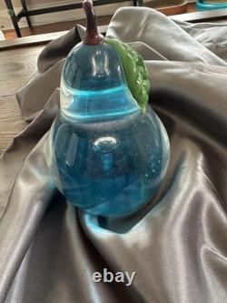 Signed Art Glass Pear Paperweight Blue Clear Green Leaf Brown Stem Etched 2008
