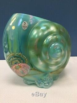 Signed Fenton Art Glass Aquamarine Nautilus Sea Shell Vase Hand Painted