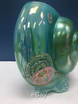 Signed Fenton Art Glass Aquamarine Nautilus Sea Shell Vase Hand Painted