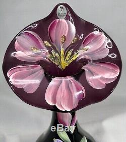 Signed Fenton Jack in the Pulpit Amethyst Art Glass Vase Hand Painted Orchid