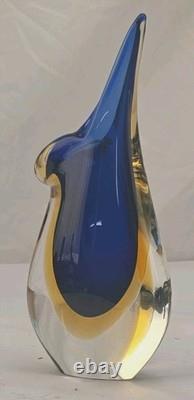 Signed Formia Murano Glass Sommerso Beak Vase Blue & Yellow Italian Art Glass