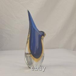 Signed Formia Murano Glass Sommerso Beak Vase Blue & Yellow Italian Art Glass