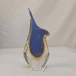 Signed Formia Murano Glass Sommerso Beak Vase Blue & Yellow Italian Art Glass
