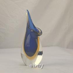 Signed Formia Murano Glass Sommerso Beak Vase Blue & Yellow Italian Art Glass