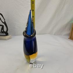 Signed Formia Murano Glass Sommerso Beak Vase Blue & Yellow Italian Art Glass