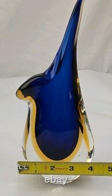 Signed Formia Murano Glass Sommerso Beak Vase Blue & Yellow Italian Art Glass