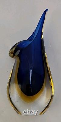 Signed Formia Murano Glass Sommerso Beak Vase Blue & Yellow Italian Art Glass