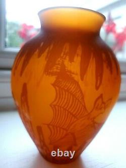 Signed Galle Orange Brown Cameo Glass Vase Engraved Bats Art Handmade Vintage