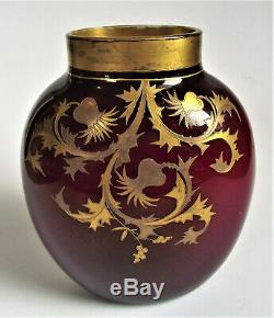 Signed HARRACH 6 OXBLOOD RED Silver Gold ENAMEL Antique BOHEMIAN Art Glass VASE