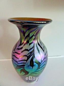 Signed LUNDBERG Studios Art Glass Rainbow Waterfall Bottle VASE 2012 Iridescent