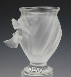 Signed Lalique France Crystal Rosine Frosted Birds Slanted Rib Art Glass Vase