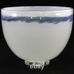 Signed Malcolm Sutcliffe Art Glass Bowl in White with Blue Decoration