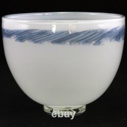 Signed Malcolm Sutcliffe Art Glass Bowl in White with Blue Decoration