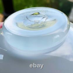 Signed Malcolm Sutcliffe Art Glass Bowl in White with Blue Decoration
