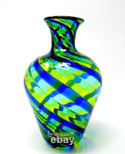 Signed Murano Art Glass Ballarin Filigrana Spiral Bulbous Vase