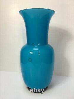 Signed Venini Murano Italian Art Glass Teal Green Floral Vase