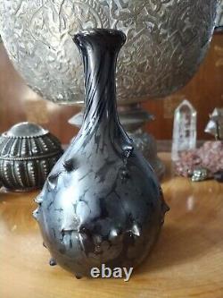 Signed studio art glass Chad Cully black studded vase