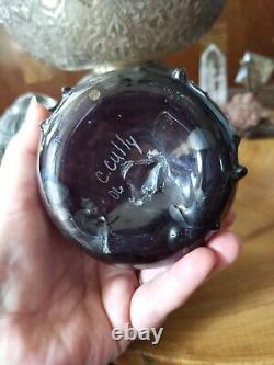 Signed studio art glass Chad Cully black studded vase