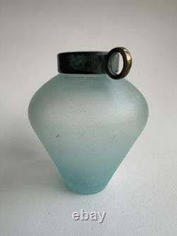 Silvestri Mouth Blown Scavo Turquoise Pulegoso Art Glass Verdigris Top Vase
