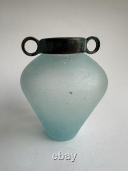 Silvestri Mouth Blown Scavo Turquoise Pulegoso Art Glass Verdigris Top Vase